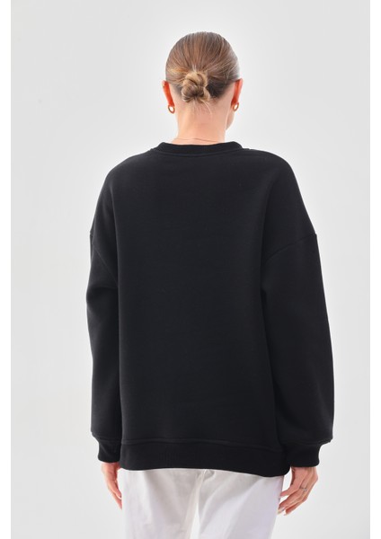 Kalın Kışlık Oversize Basic Bisiklet Yaka Kar Tanesi Baskılı Siyah Yılbaşı Sweatshirt