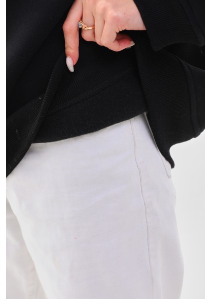 Kalın Kışlık Oversize Basic Bisiklet Yaka Kar Tanesi Baskılı Siyah Yılbaşı Sweatshirt