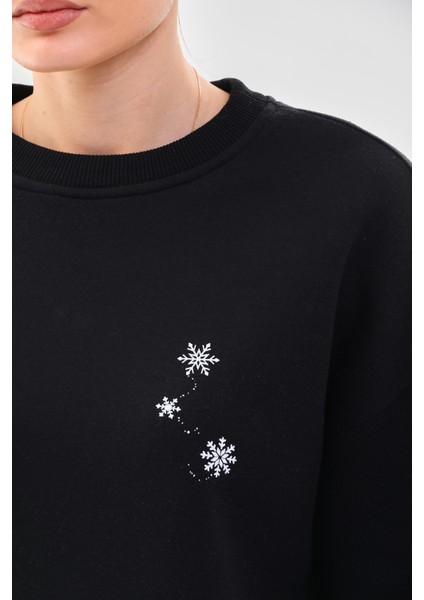 Kalın Kışlık Oversize Basic Bisiklet Yaka Kar Tanesi Baskılı Siyah Yılbaşı Sweatshirt