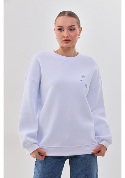 Kalın Kışlık Oversize Basic Bisiklet Yaka Kar Tanesi Baskılı Beyaz Yılbaşı Sweatshirt