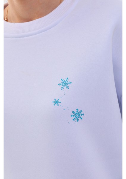 Kalın Kışlık Oversize Basic Bisiklet Yaka Kar Tanesi Baskılı Beyaz Yılbaşı Sweatshirt