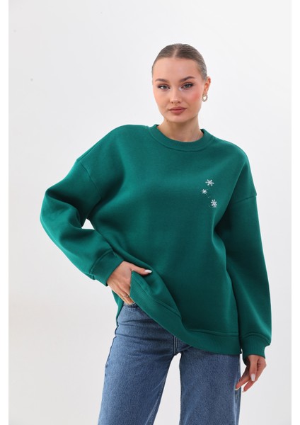 Kalın Kışlık Oversize Basic Bisiklet Yaka Kar Tanesi Baskılı Yeşil Yılbaşı Sweatshirt