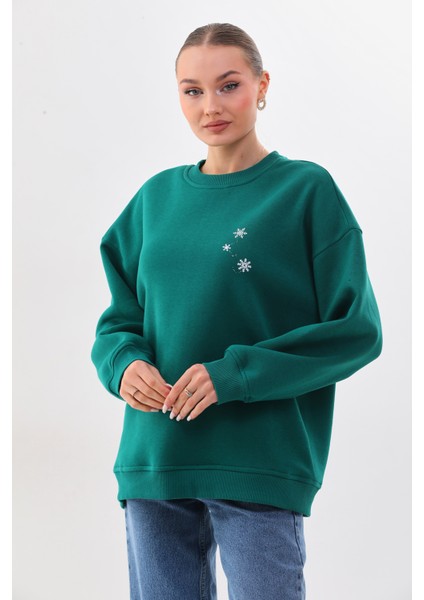 Kalın Kışlık Oversize Basic Bisiklet Yaka Kar Tanesi Baskılı Yeşil Yılbaşı Sweatshirt