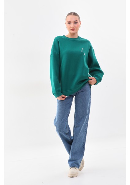 Kalın Kışlık Oversize Basic Bisiklet Yaka Kar Tanesi Baskılı Yeşil Yılbaşı Sweatshirt