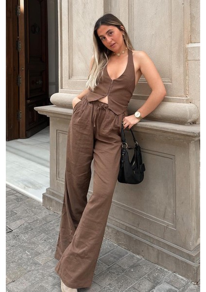Kahverengi Beli Büzgülü Wide Leg Kumaş Pantolon MG1950 fiyatları