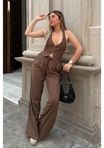 Kahverengi Beli Büzgülü Wide Leg Kumaş Pantolon MG1950 modelleri
