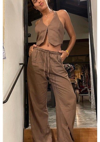 Kahverengi Beli Büzgülü Wide Leg Kumaş Pantolon MG1950 indirimleri
