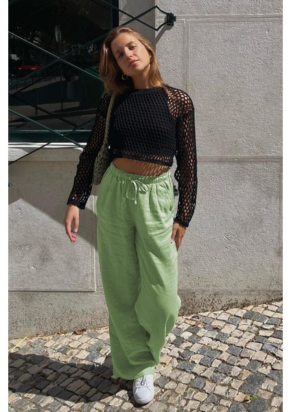 Yeşil Beli Büzgülü Wide Leg Kumaş Pantolon MG1950 fiyatları
