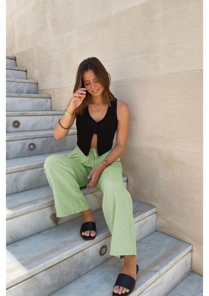 Yeşil Beli Büzgülü Wide Leg Kumaş Pantolon MG1950 modelleri