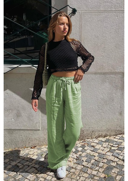 Yeşil Beli Büzgülü Wide Leg Kumaş Pantolon MG1950