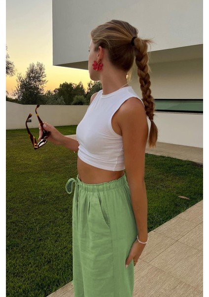 Yeşil Beli Büzgülü Wide Leg Kumaş Pantolon MG1950 fırsatları