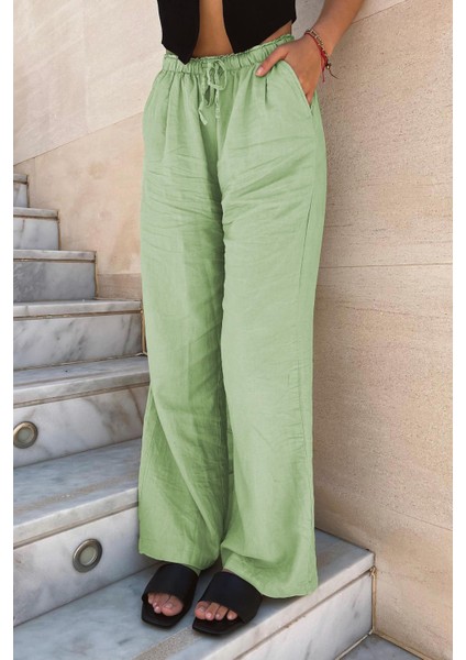 Yeşil Beli Büzgülü Wide Leg Kumaş Pantolon MG1950 indirimleri