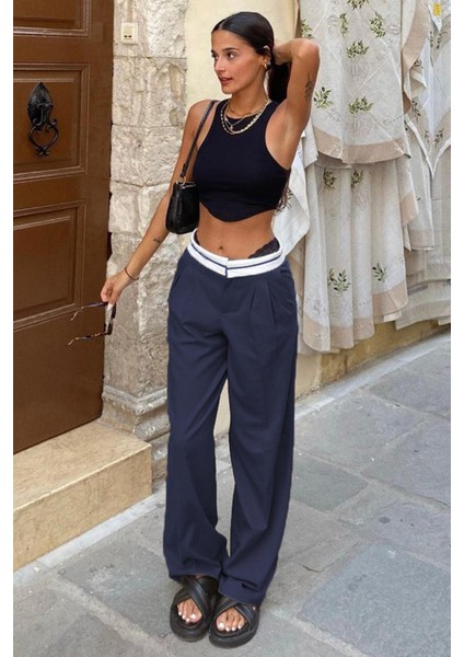 Lacivert Kemer Detaylı Bol Paça Pantolon MG1834