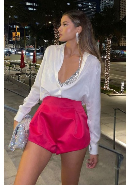 Beyaz Basic Kadın Saten Gömlek MG1326