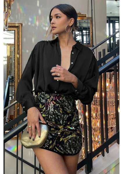 Siyah Basic Kadın Saten Gömlek MG1326