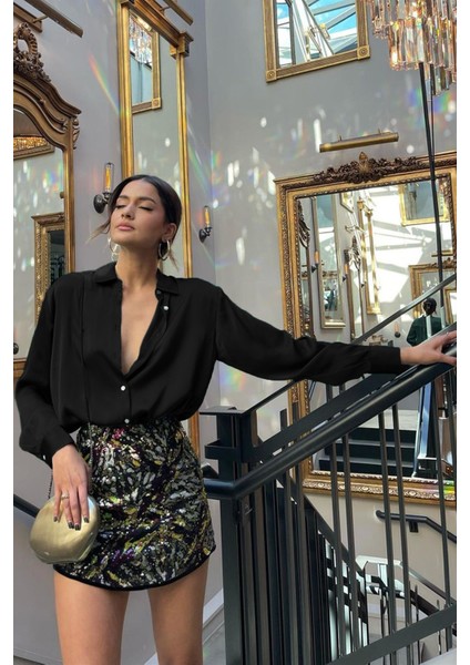 Siyah Basic Kadın Saten Gömlek MG1326 modelleri