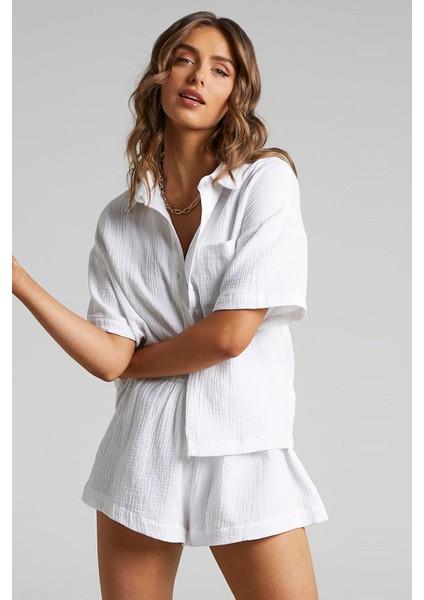 Beyaz Muslin Kumaş Basic Kadın Gömlek MG1784