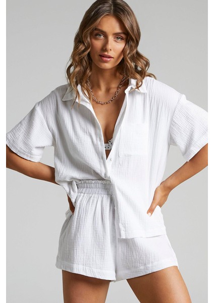 Beyaz Muslin Kumaş Basic Kadın Gömlek MG1784 fiyatları