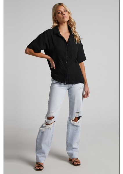 Siyah Muslin Kumaş Basic Kadın Gömlek MG1784