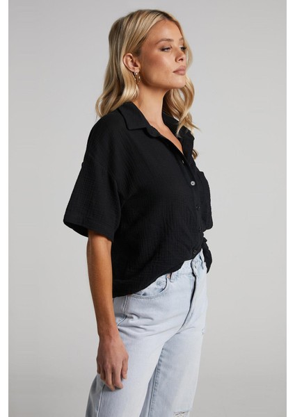 Siyah Muslin Kumaş Basic Kadın Gömlek MG1784