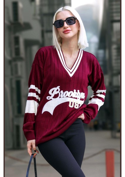 Bordo V Yaka Nakışlı Kadın Kazak MG1279