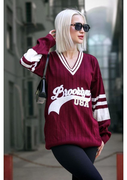 Bordo V Yaka Nakışlı Kadın Kazak MG1279