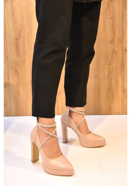 Platformlu Topuklu Kadın Sivri Burun Stiletto Ayakkabı Ten