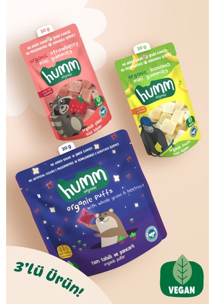 Organik Vegan Puf & Meyveli Mini Küpler Atıştırmalık Paketi - 3 Adet (3 Çeşit)