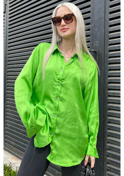 Fıstık Yeşili Basic Kadın Saten Gömlek MG1326 modelleri
