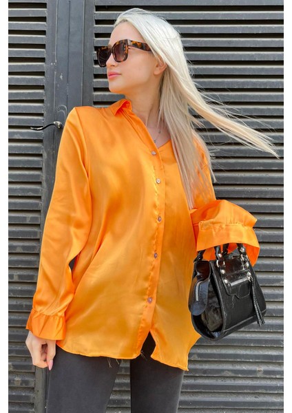 Turuncu Basic Kadın Saten Gömlek MG1326
