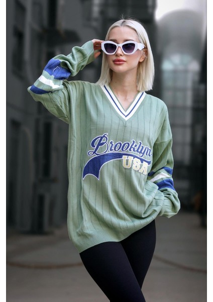 Mint Yeşili V Yaka Nakışlı Kadın Kazak MG1279 fiyatları