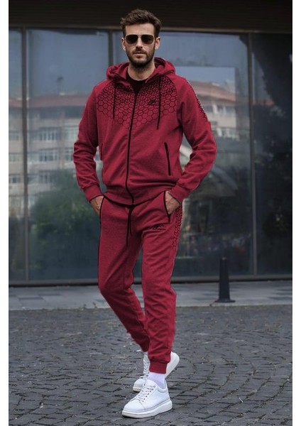 Bordo Baskılı Kapüşonlu Eşofman Takımı 5906