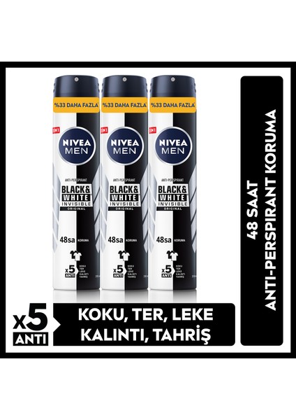 Men Erkek Sprey Deodorant  Black&white Invisible Original 48 Saat Anti-Perspirant Koruma 200 ml x 3 Adet