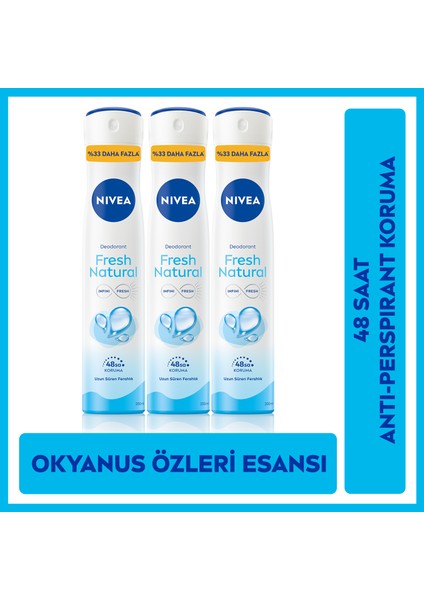 Nıvea Kadın Sprey Deodorant Fresh Natural Ter Kokusuna Karşı 48 Saat Deodorant Koruması 200MLX3ADET