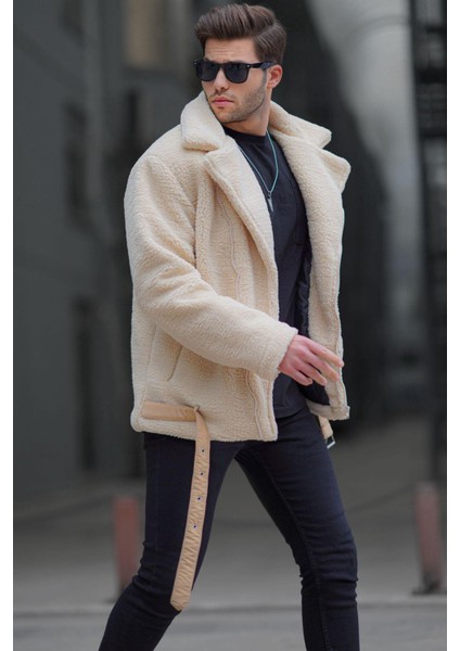 Bej Peluş Biker Erkek Ceket 6849 modelleri