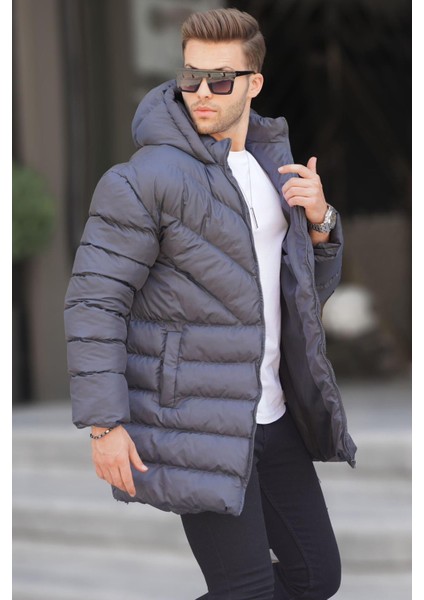 Gri Kapüşonlu Erkek Şişme Mont 6803