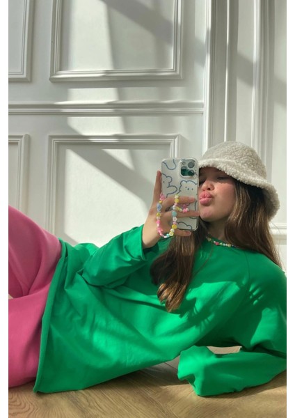 Yeşil Basic Bisiklet Yaka Kadın Sweatshirt MG1676 fiyatları