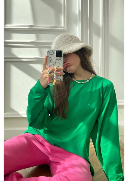 Yeşil Basic Bisiklet Yaka Kadın Sweatshirt MG1676 indirimleri