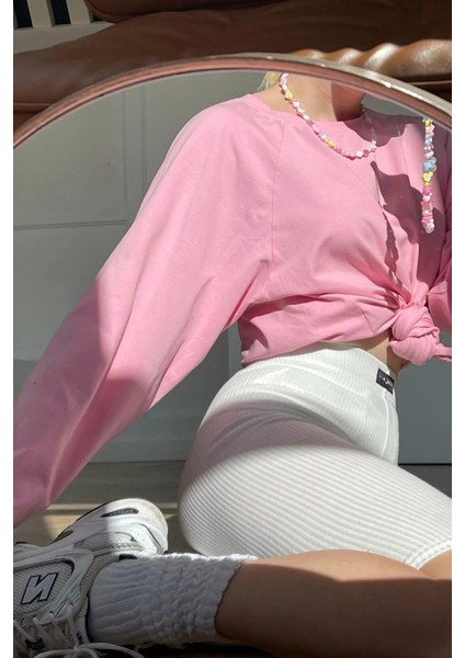 Pembe Basic Bisiklet Yaka Kadın Sweatshirt MG1676 fırsatları