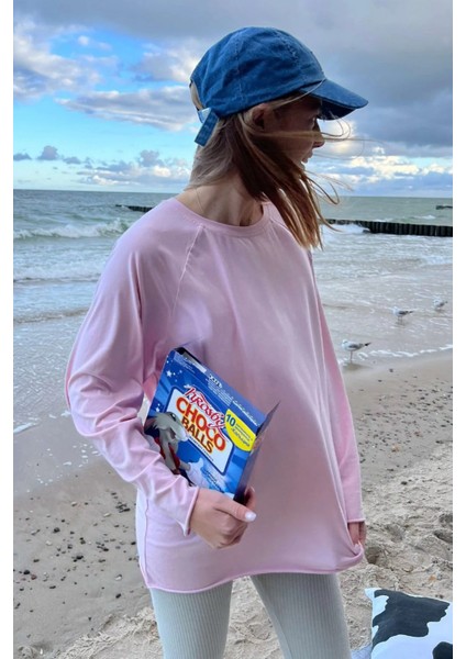 Pudra Basic Bisiklet Yaka Kadın Sweatshirt MG1676