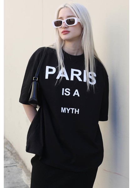 Siyah Paris Baskılı Kadın Tişört MG1654