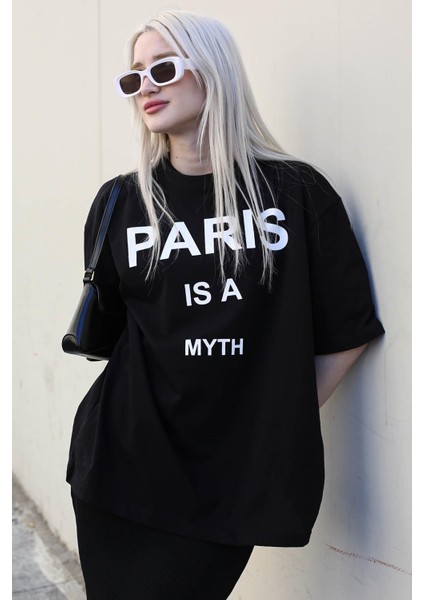 Siyah Paris Baskılı Kadın Tişört MG1654