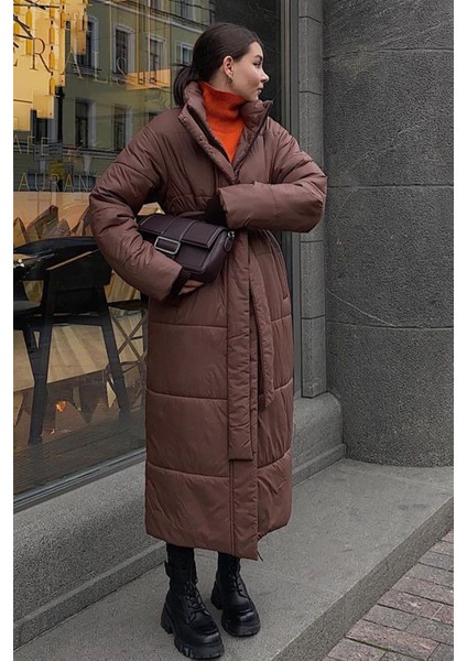 Kahverengi Uzun Şişme Kadın Mont MG1397 fiyatları