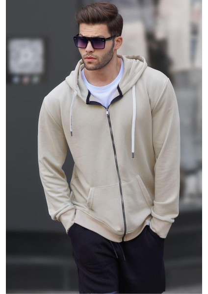 Bej Fermuarlı Kapüşonlu Sweatshirt 6161