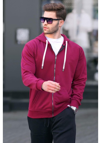 Bordo Fermuarlı Kapüşonlu Sweatshirt 6161