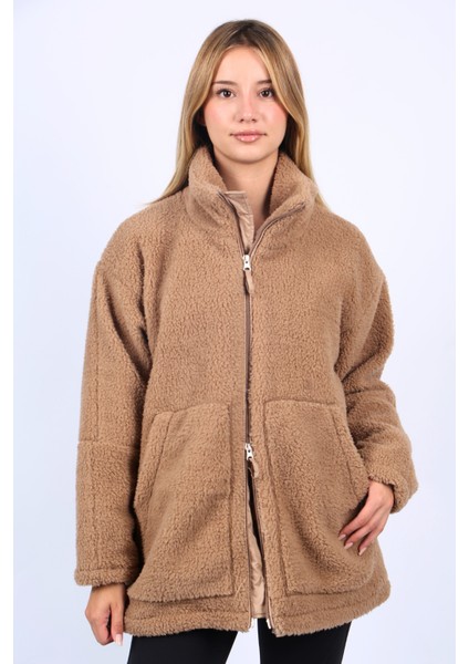 Bej Yüksek Yakalı Cepli Peluş Mont MG1948 modelleri