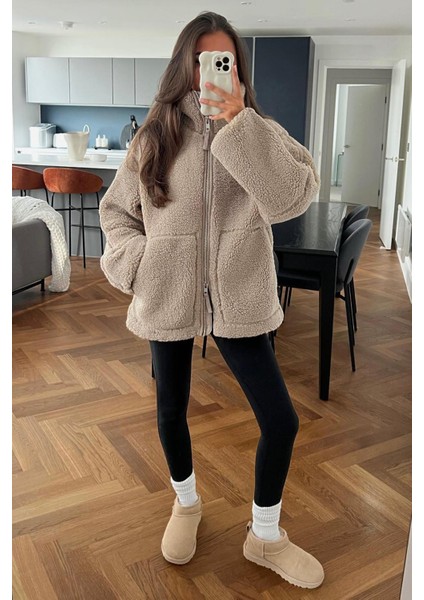 Kahverengi Dik Yakalı Cepli Peluş Mont MG1966 fiyatları