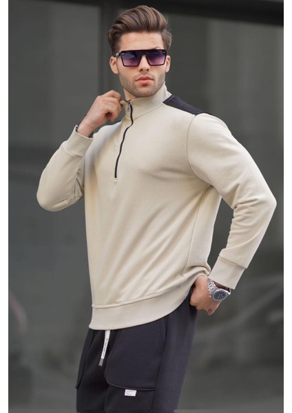 Bej Fermuar Yaka Basic Erkek Sweatshirt 6157