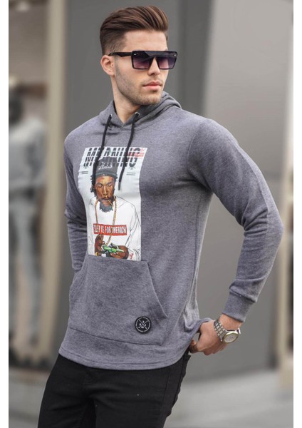 Gri Baskılı Kapşonlu Sweatshirt 2780