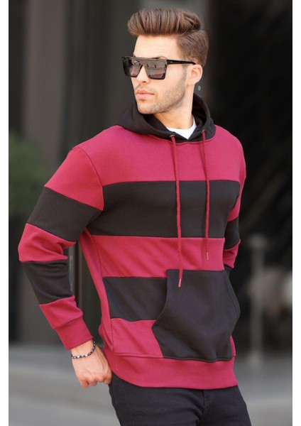 Bordo Kapüşonlu Çizgili Erkek Sweatshirt 6144